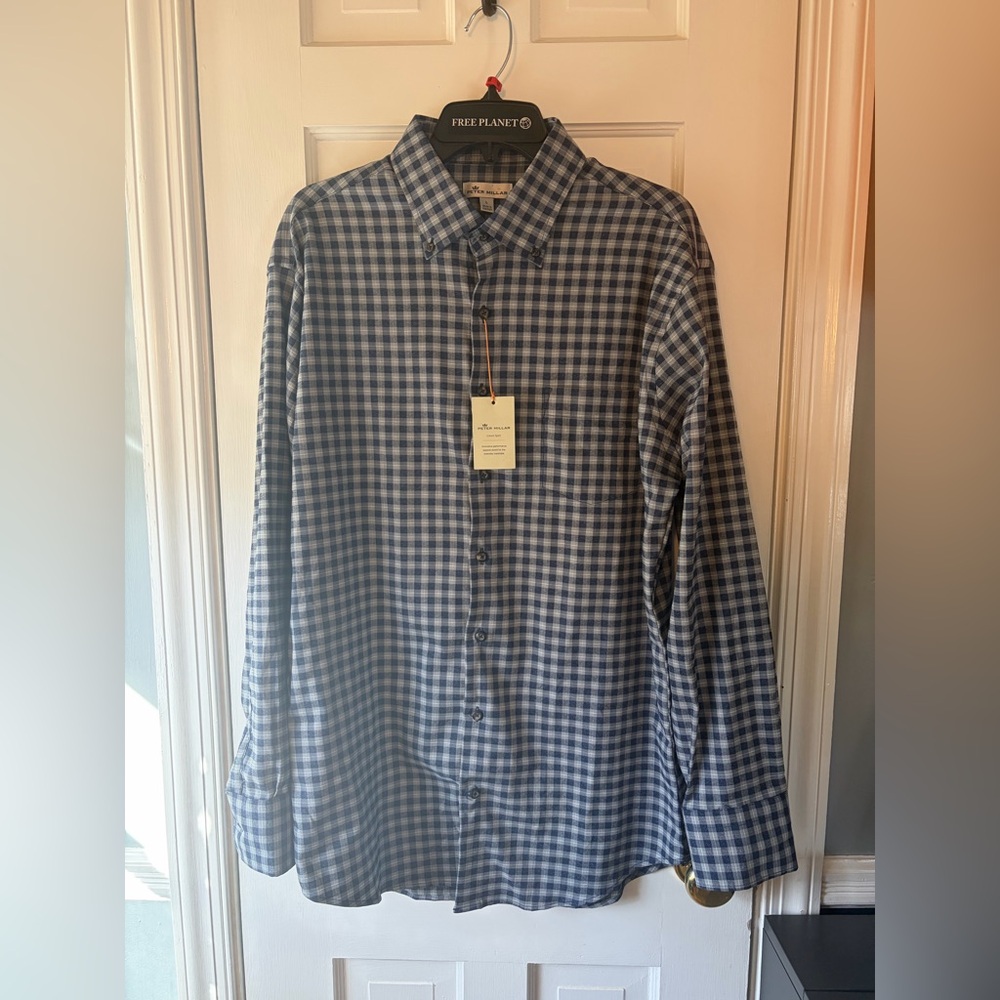 Peter Millar Navy and White Plaid Shirt